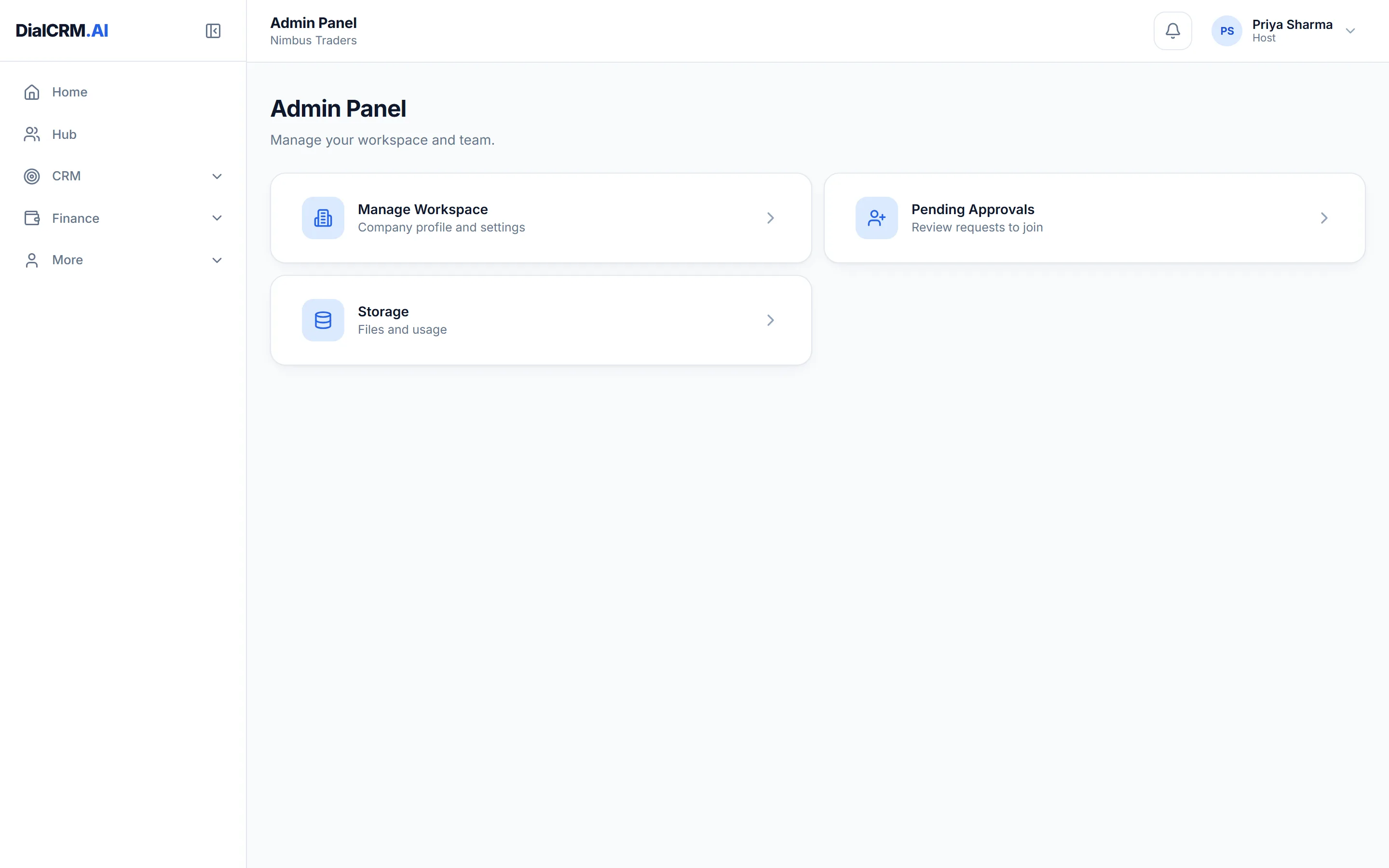The Admin Panel in DialCRM.AI showing workspace management options.