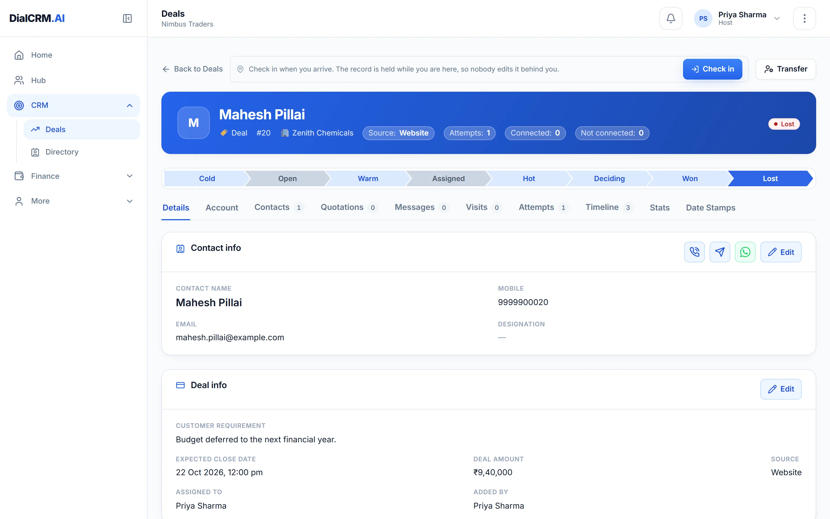 A deal record in DialCRM.AI showing the contact, the deal amount, the stage pipeline from Cold to Lost, and tabs for quotations, messages, visits, attempts and timeline.