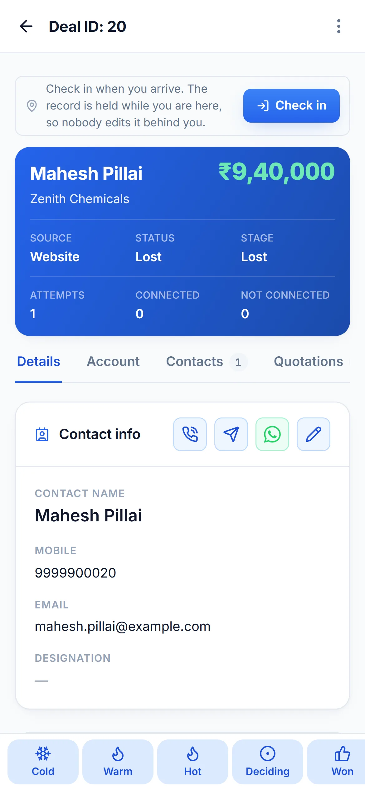A deal record on a phone, with the contact, the amount and the stage pipeline.