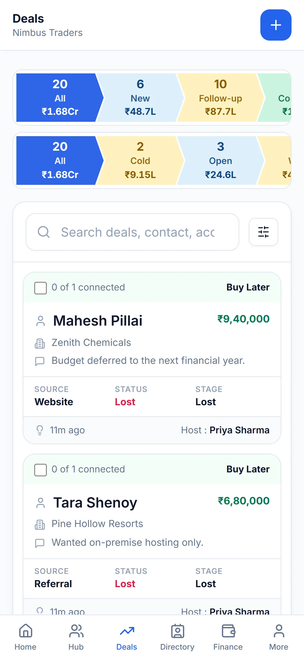 The Deals list on a phone, where each deal is a card instead of a table row.
