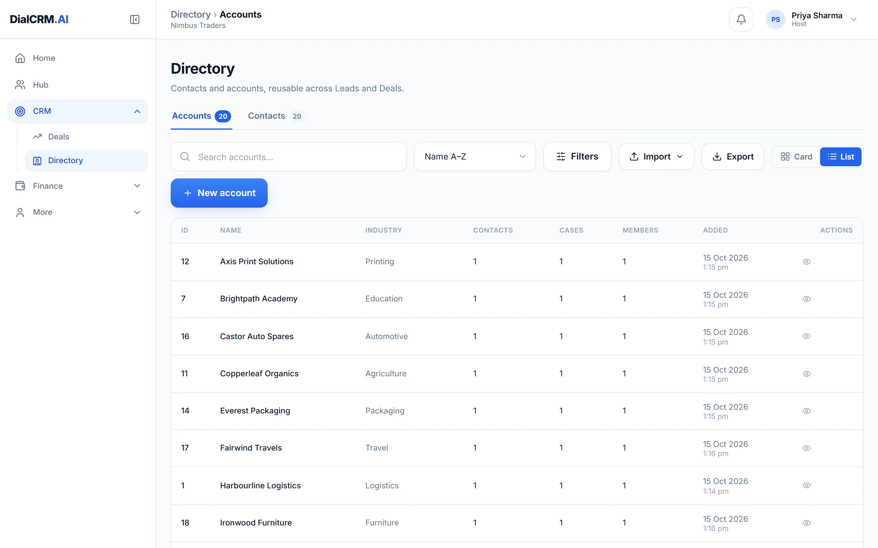The Directory in DialCRM.AI listing contacts and accounts with their companies, cities and industries.