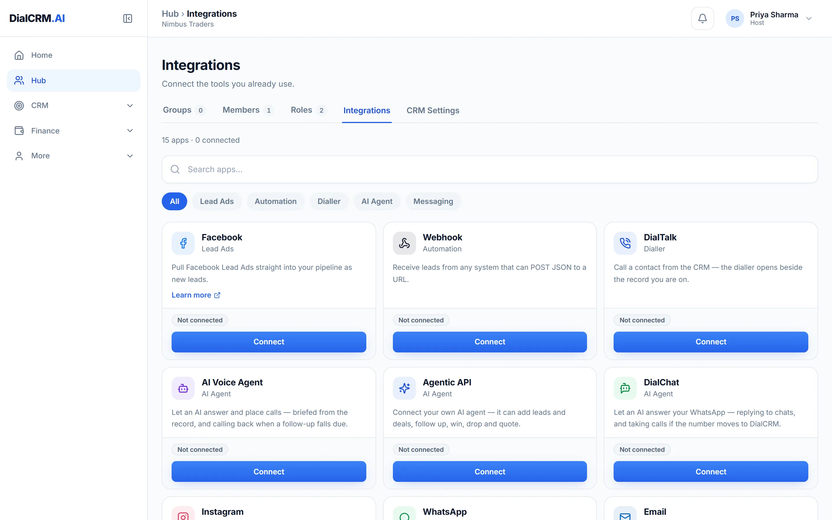 The Integrations tab in DialCRM.AI showing the available connections for lead capture, calling, messaging and the API.