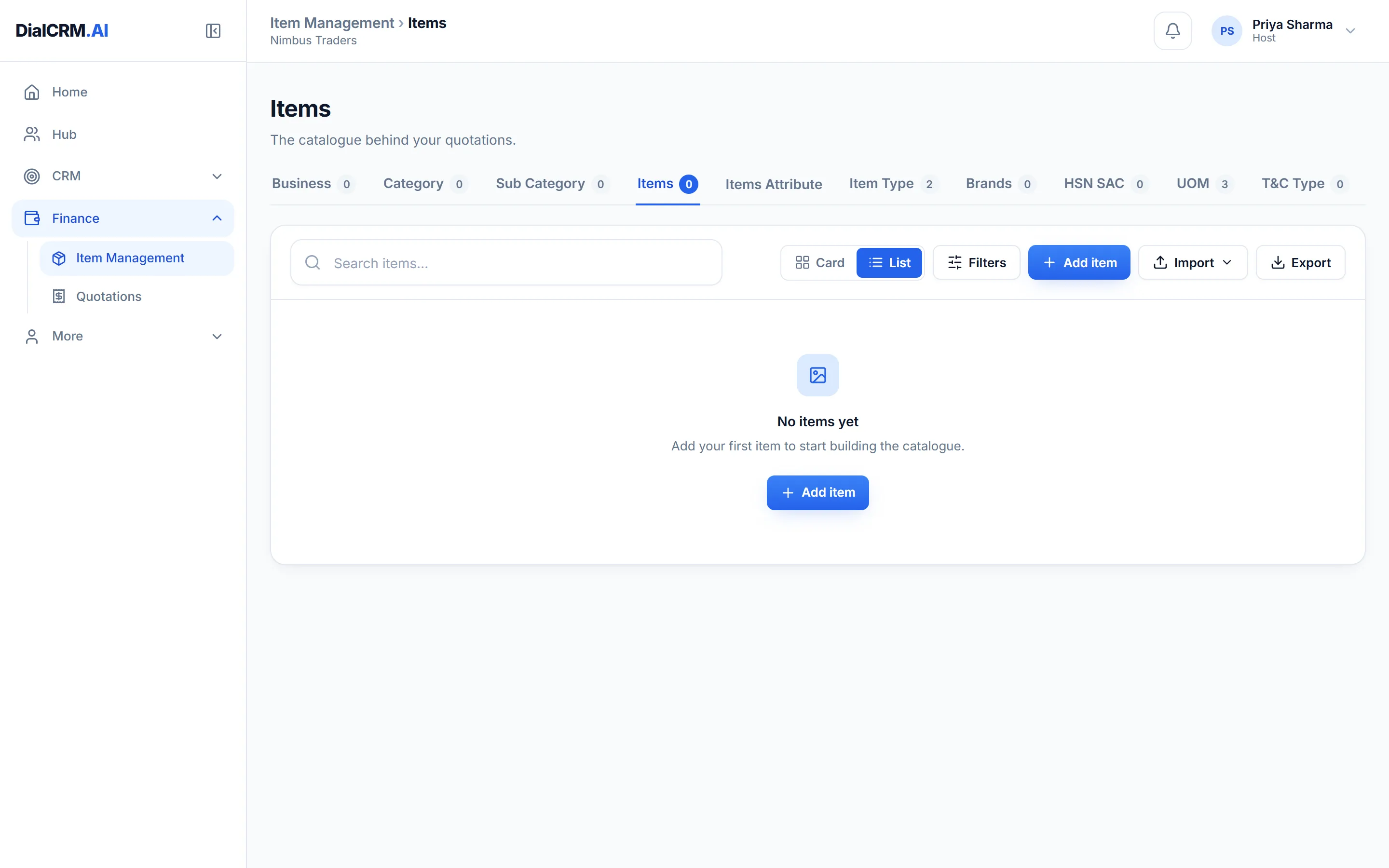 The item master in DialCRM.AI listing catalogue items with their codes and categories.