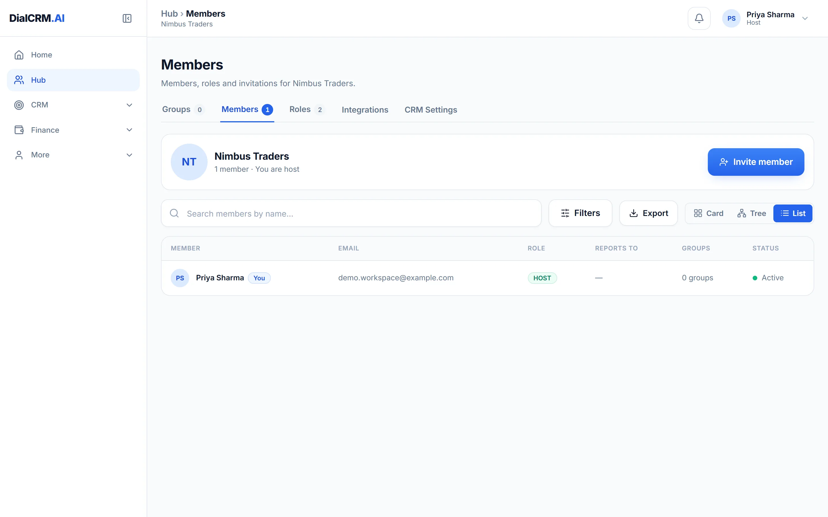The Members tab in DialCRM.AI showing workspace members with their roles and status.