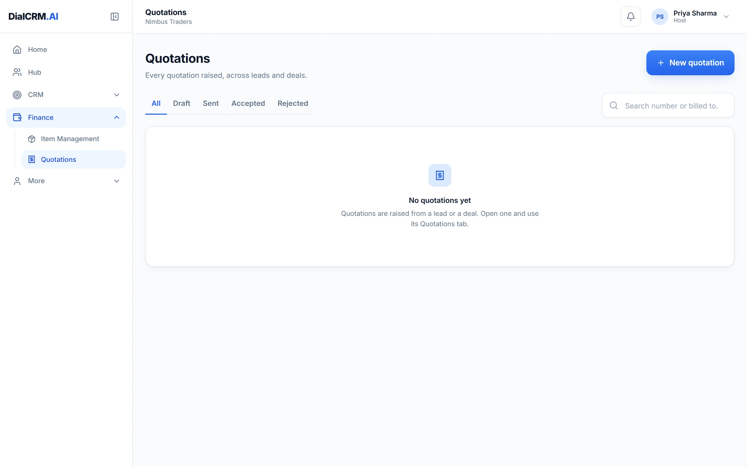 The Quotations list in DialCRM.AI showing quotations raised against deals.